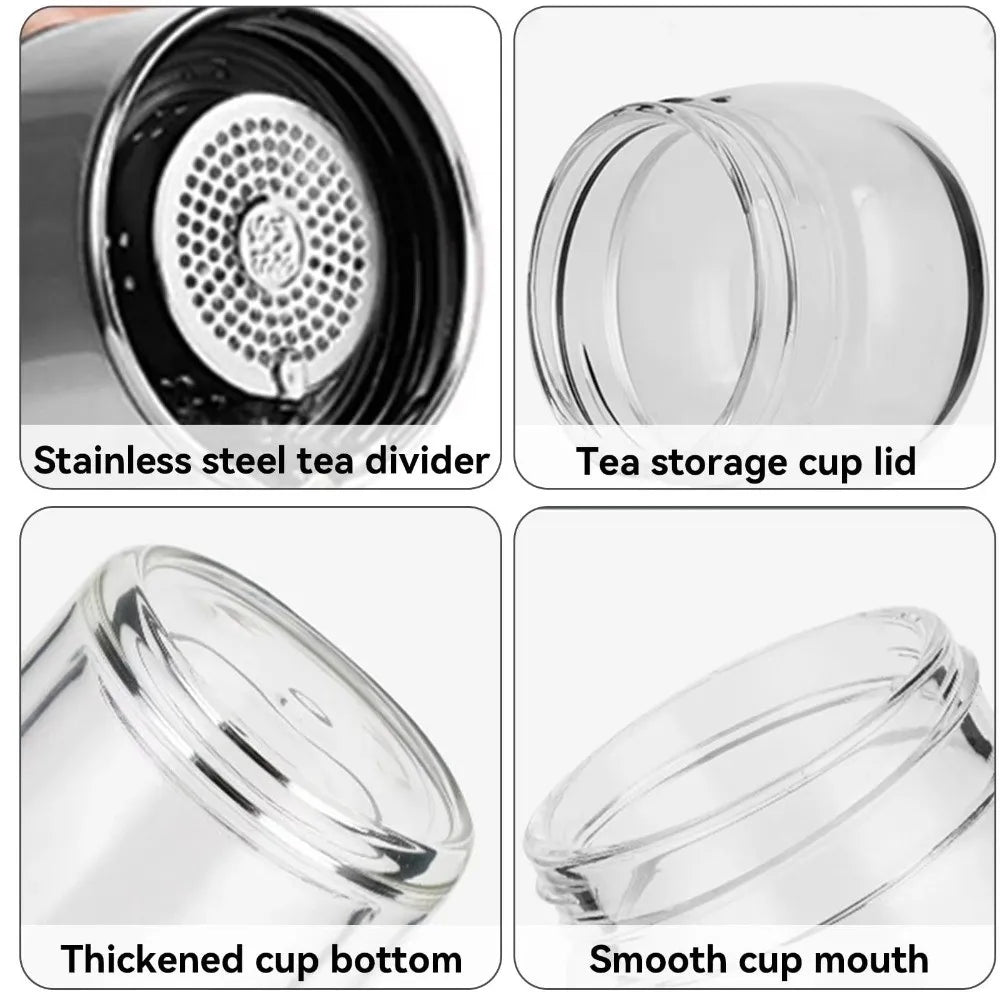Various parts of a glass tea infuser including a stainless steel tea divider, storage cup lid, thickened cup bottom, and smoo