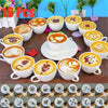 A set of 16 ceramic coffee filter plates and cups with latte art designs displayed on a wooden surface.