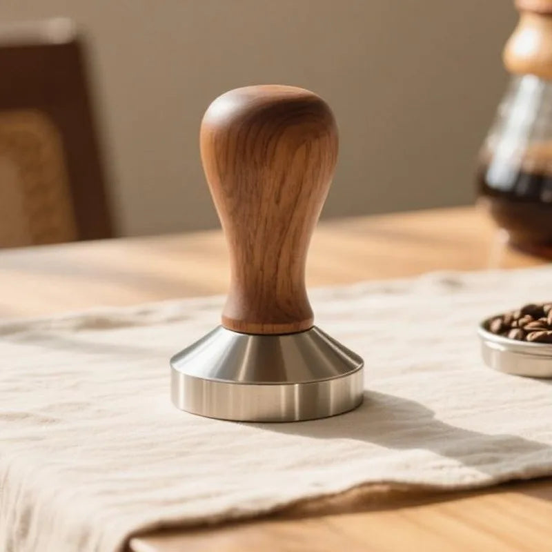 A precision espresso tamper set featuring a wooden handle and stainless steel base resting on a light linen cloth.