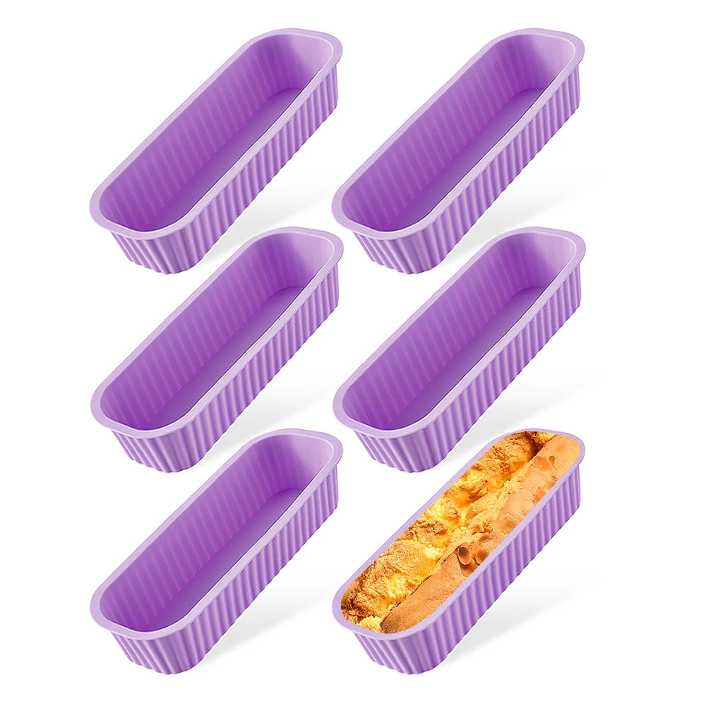 A set of purple silicone mini loaf baking pans shown from various angles.