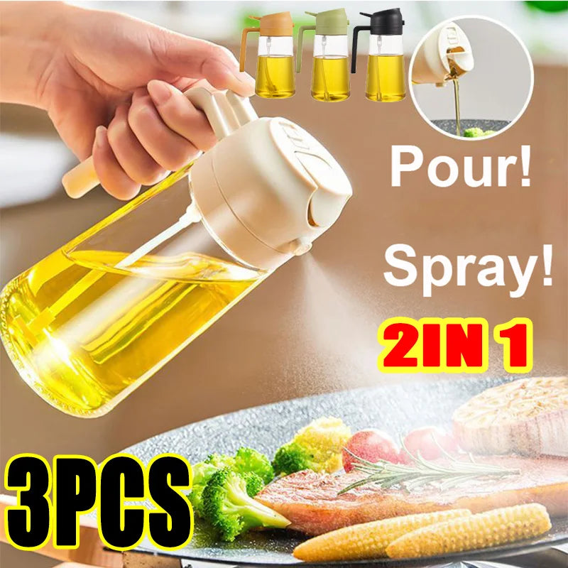 A hand is pouring cooking oil from a dual-function spray bottle onto food, demonstrating its 2-in-1 capability.