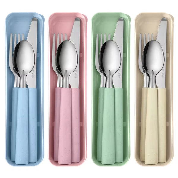 A set of portable stainless steel cutlery, including a fork, knife, and spoon, stored in four colored plastic cases.