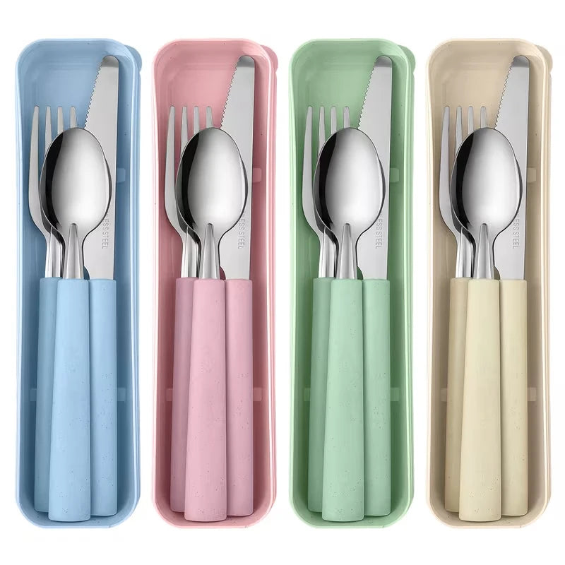 A set of portable stainless steel cutlery, including a fork, knife, and spoon, stored in four colored plastic cases.