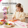 A young girl is using a pink bento box to pack healthy food items like fruits and vegetables for lunch.