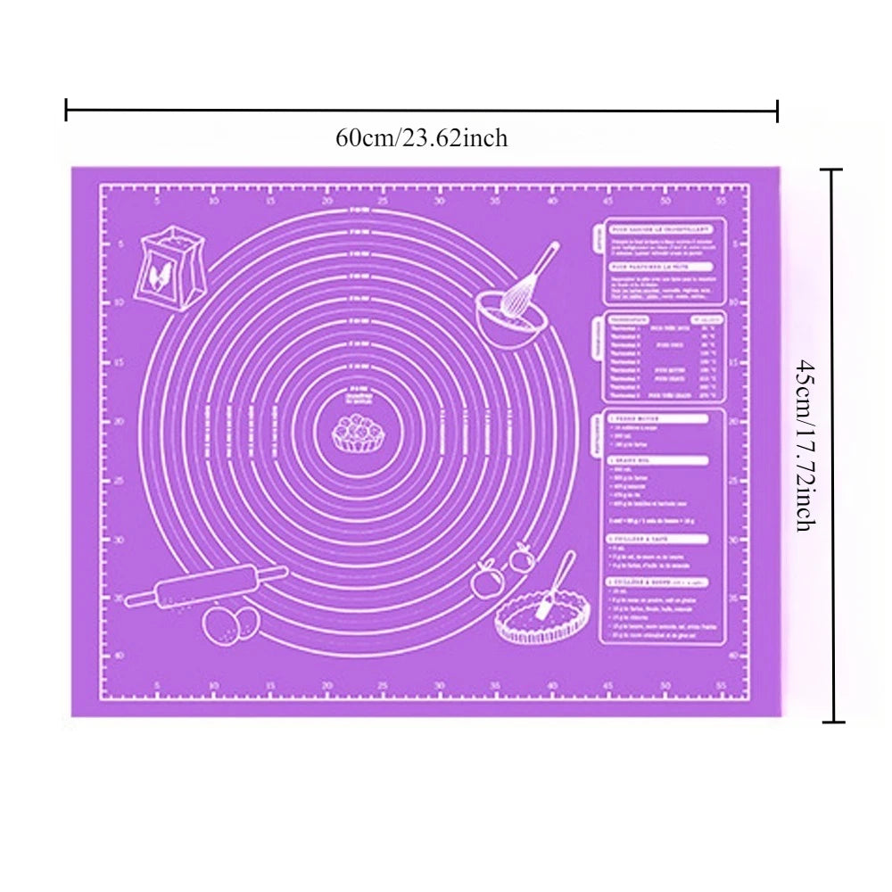 A purple diagram showing concentric circles and various tools for baking and food preparation on a silicone rolling mat.
