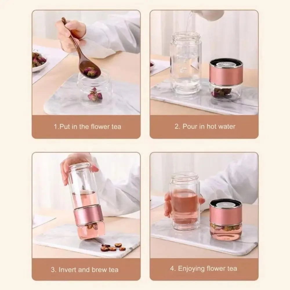 Step-by-step guide showing how to use a 500ml borosilicate glass tea infuser for brewing flower tea.
