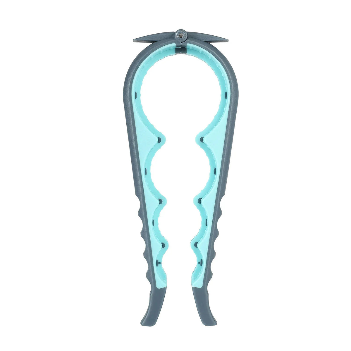 Ergonomic jar and bottle opener tool in gray and light blue plastic.