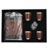 A black box containing a portable stainless steel flask set for spirits, including a sealed flask and four small cups.