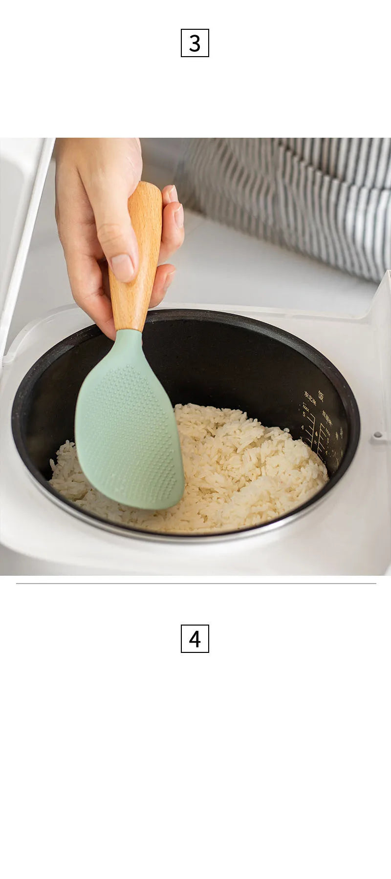 A hand is using a wooden and silicone anti-scald cooking spoon to stir rice in a pot.