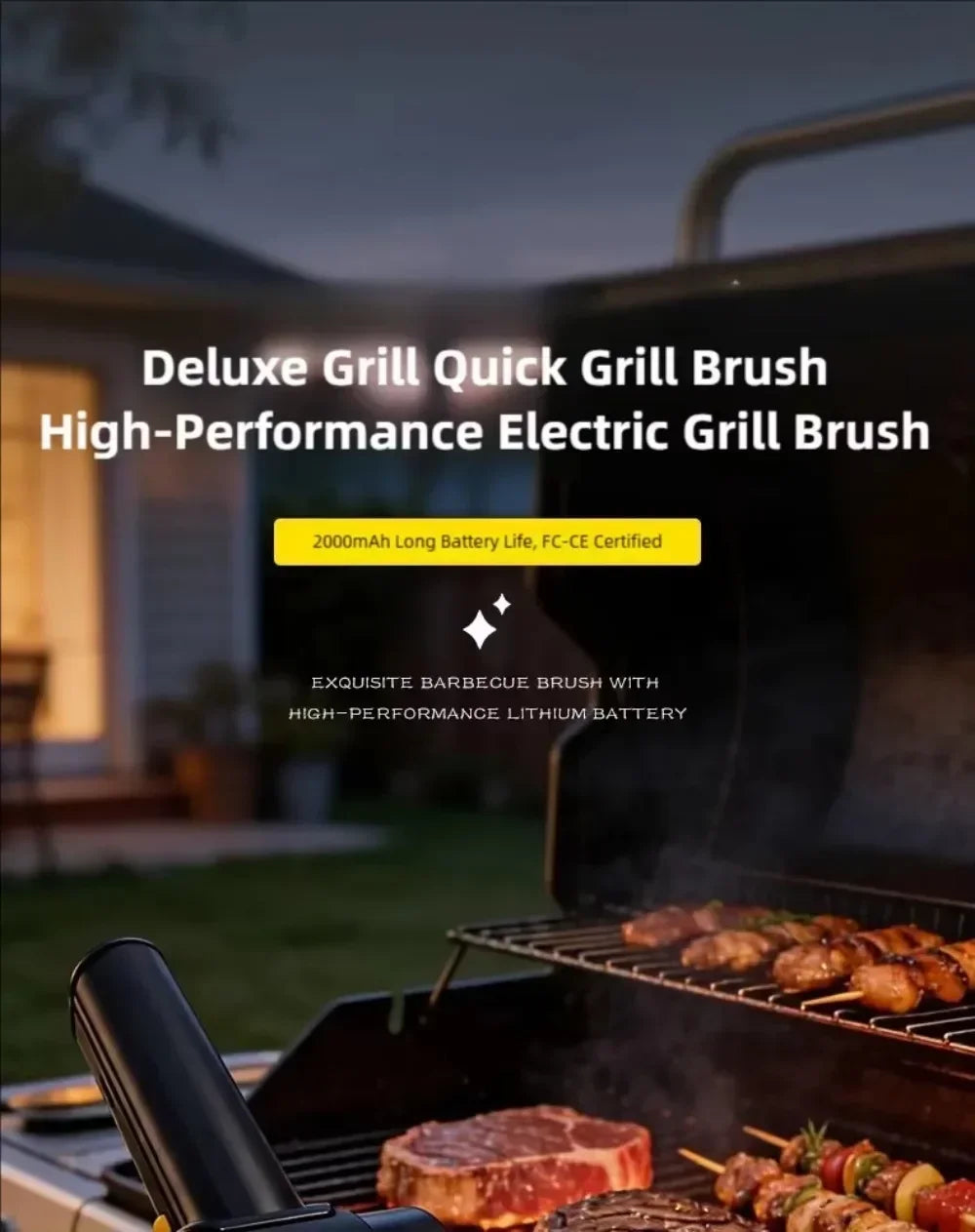 A close-up of a Deluxe Grill Quick Grill Brush used for cleaning barbecue grills.