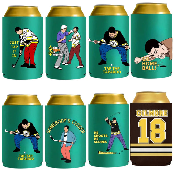 Ein Set aus acht Getränkekühlern mit verschiedenen Golf-Designs und Figuren.