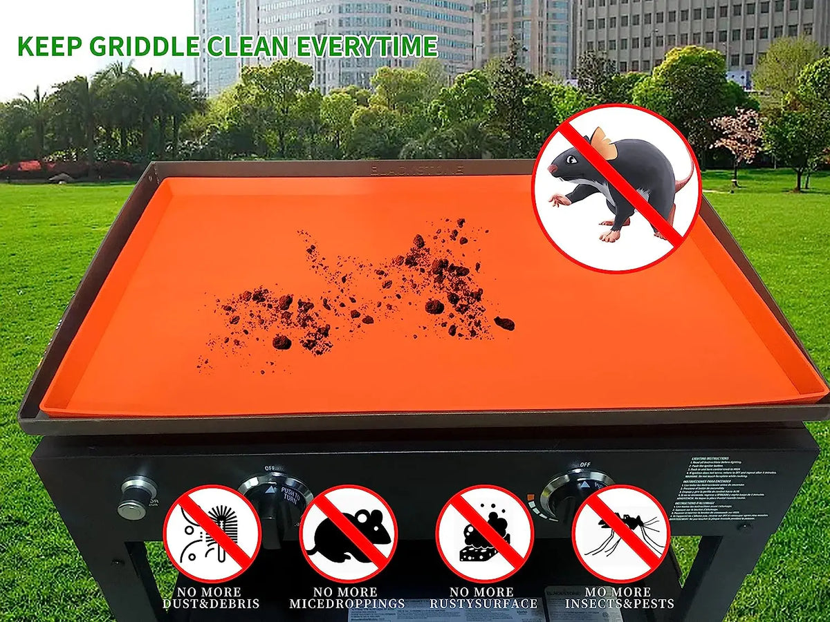 Orange silicone BBQ baking mat with evidence of rodent droppings and warnings against pests