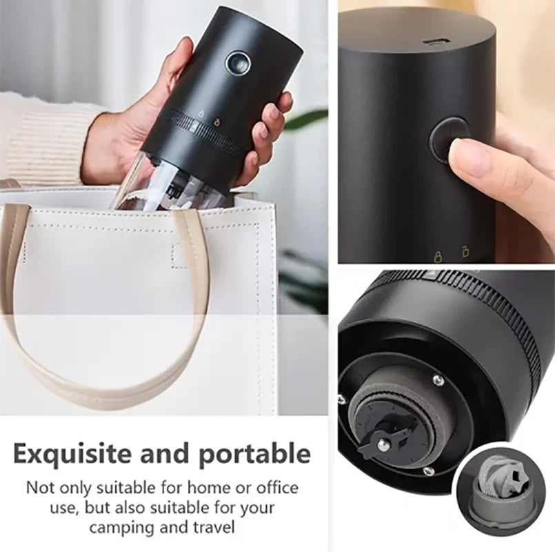 A hand holds a black portable USB-C burr coffee grinder, demonstrating its design and portability.