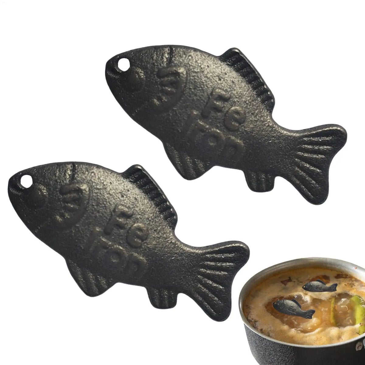 A set of reusable iron fish kitchen accessories in black finish.