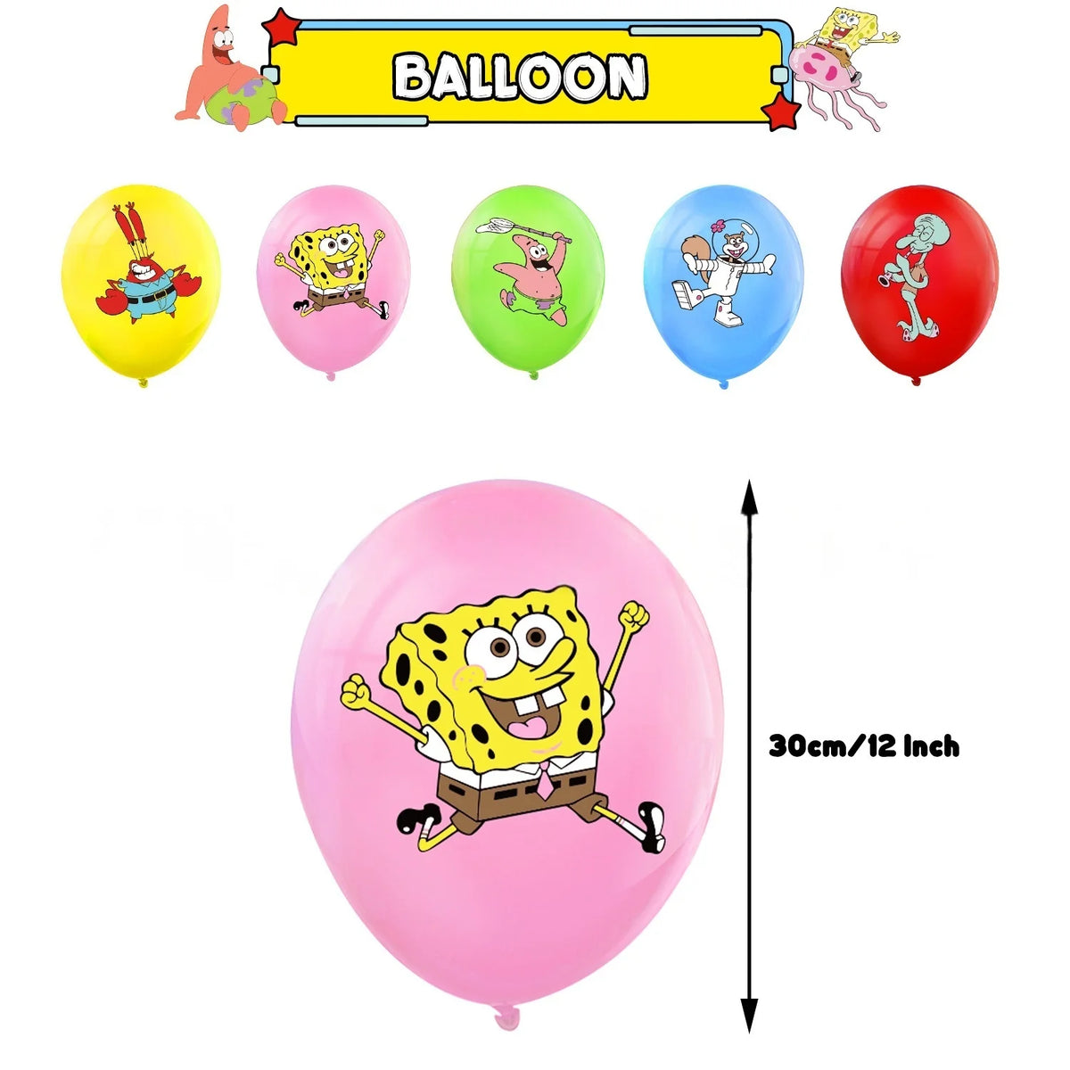 A set of colorful balloons featuring SpongeBob SquarePants characters and text