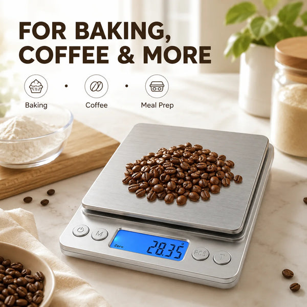 Silbrige digitale Küchenwaage mit Kaffeebohnen vor hellem Hintergrund