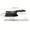 A black dual-purpose stainless steel chopping knife shown with dimensions and a scale.