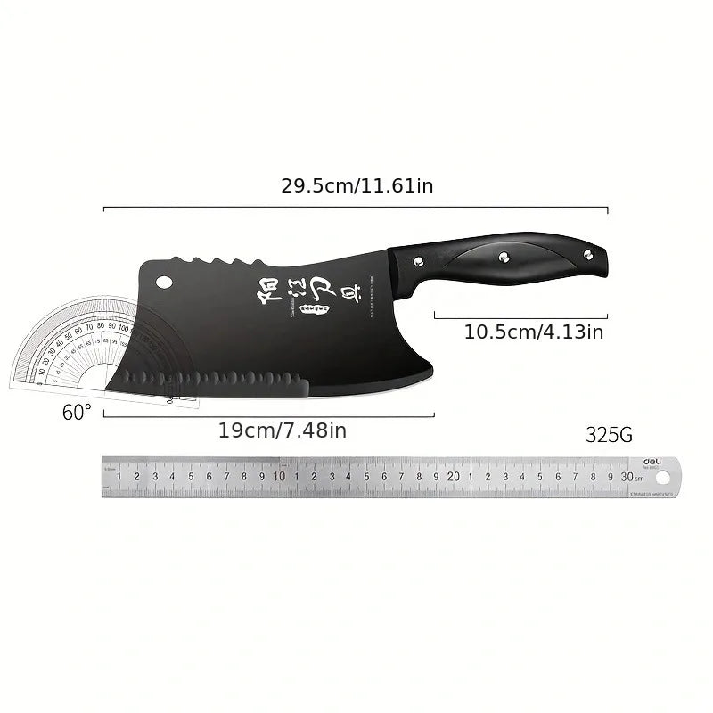 A black dual-purpose stainless steel chopping knife shown with dimensions and a scale.
