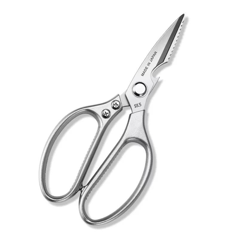 A pair of stainless steel heavy-duty multifunctional kitchen scissors with serrated blades.