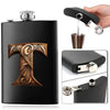 Black stainless steel flask water bottle with an ornate wooden letter T design and a metal cap