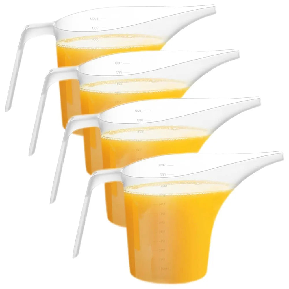 A set of four clear measuring funnel pitchers filled with orange juice or liquid.