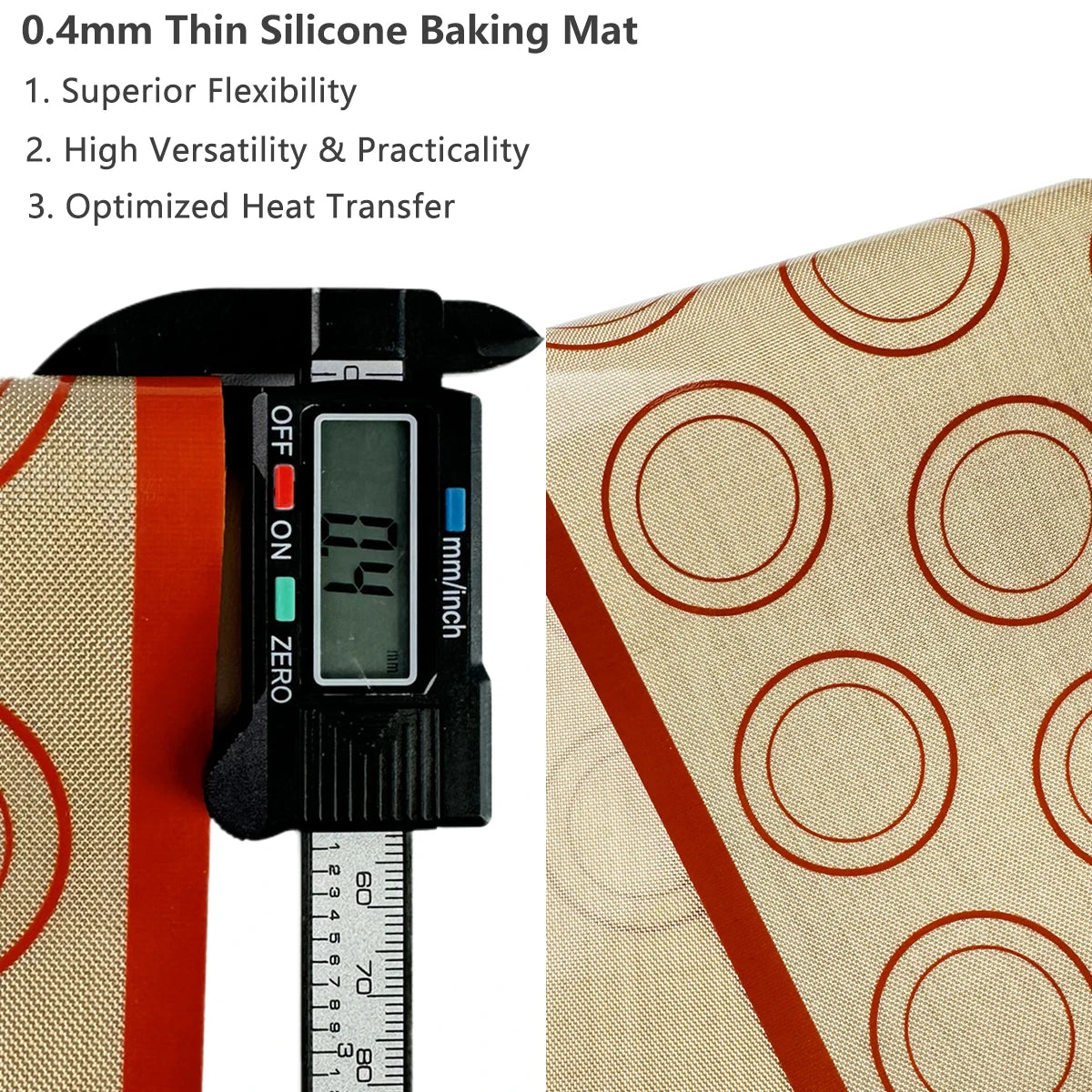 A black digital thermometer is shown next to a silicone baking mat, demonstrating heat transfer measurement.
