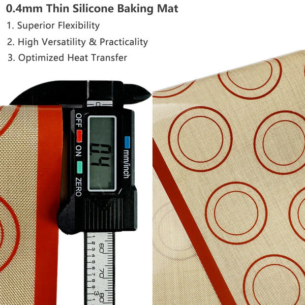Schwarzes digitales Thermometer neben einer Silikon-Backmatte zur Messung der Wärmeübertragung.