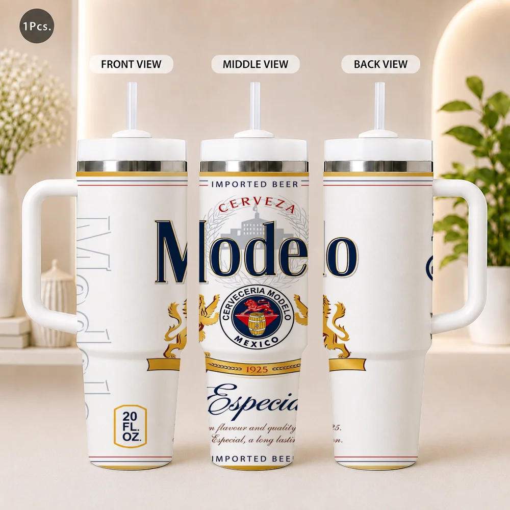 A white stainless steel vacuum flask tumbler with a gold rim and a beer label, shown from front, middle, and back views.
