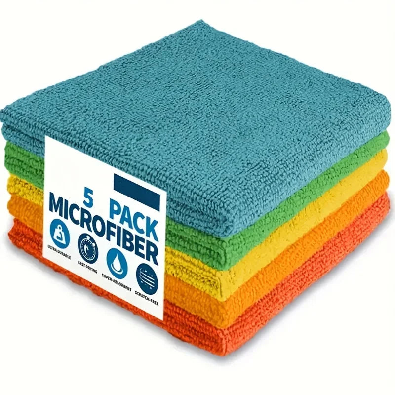A stack of five teal, yellow, green, and orange microfiber cleaning cloths packaged as a 5-pack.