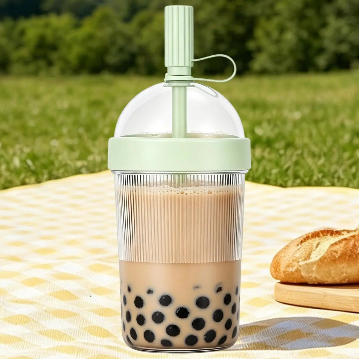 A clear reusable tumbler coffee cup filled with iced coffee, featuring a light green straw lid and set on a yellow cloth.