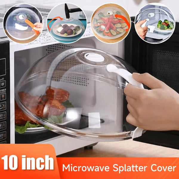 A clear 10 inch microwave splatter cover lid is shown being used to cover food in a microwave oven.