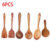 A set of six natural teak wooden cooking spoons and spatulas are displayed on a white background.