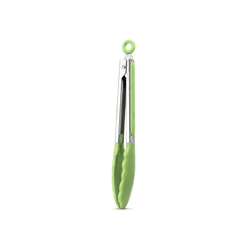 A set of three food-grade silicone kitchen tongs with stainless steel tips and green handles.