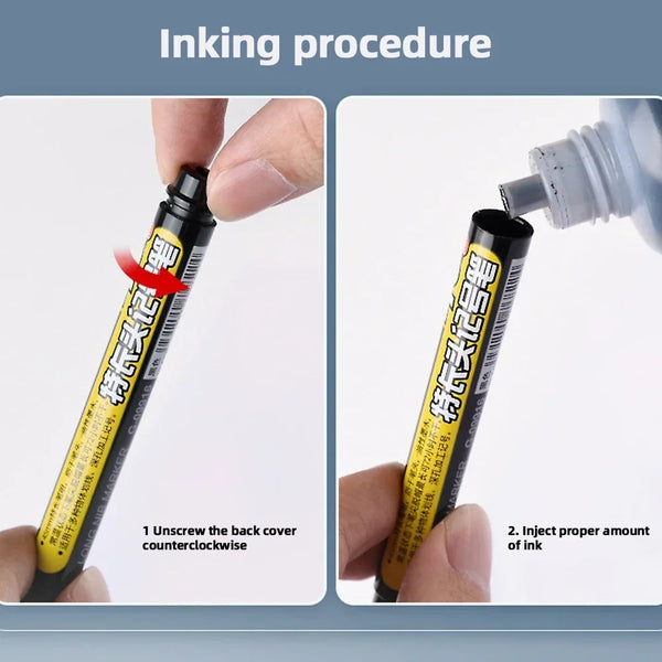 Illustration der Methode zum Nachfüllen eines Precision Deep Hole Marker Stift durch Öffnen des Rückdeckels und Einfüllen von
