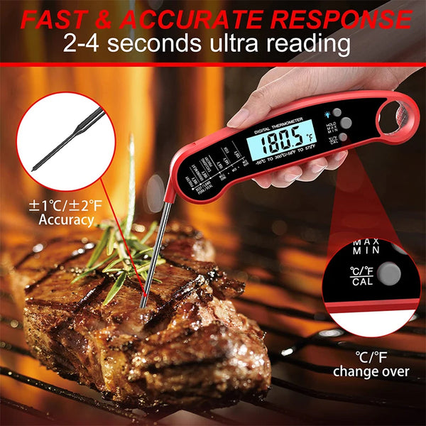 Eine Hand hält ein digitales Thermometer, das die Innentemperatur eines gegrillten Steaks auf einem Grill misst.
