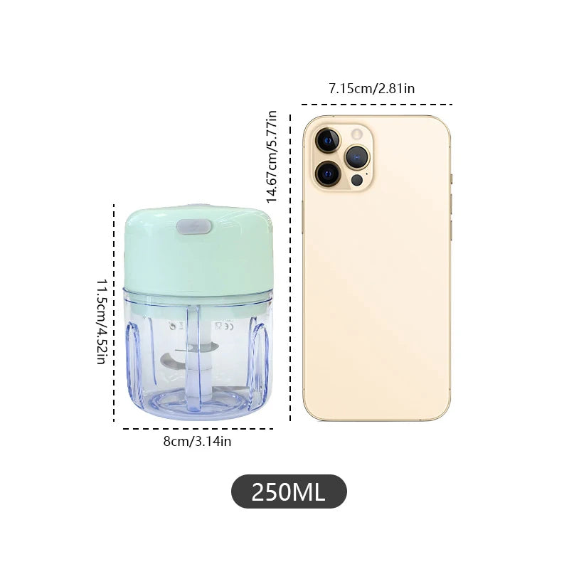 A light mint green mini rechargeable garlic chopper and meat grinder with dimensions listed.