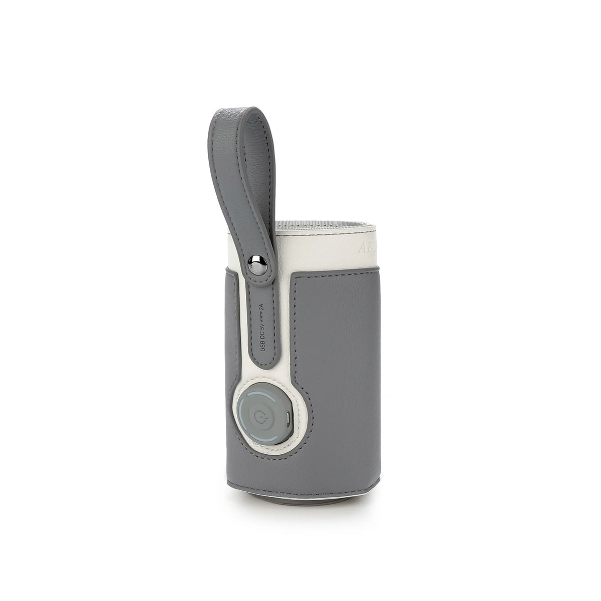 A gray and white 3-level adjustable baby bottle warmer with a silicone nipple cover.