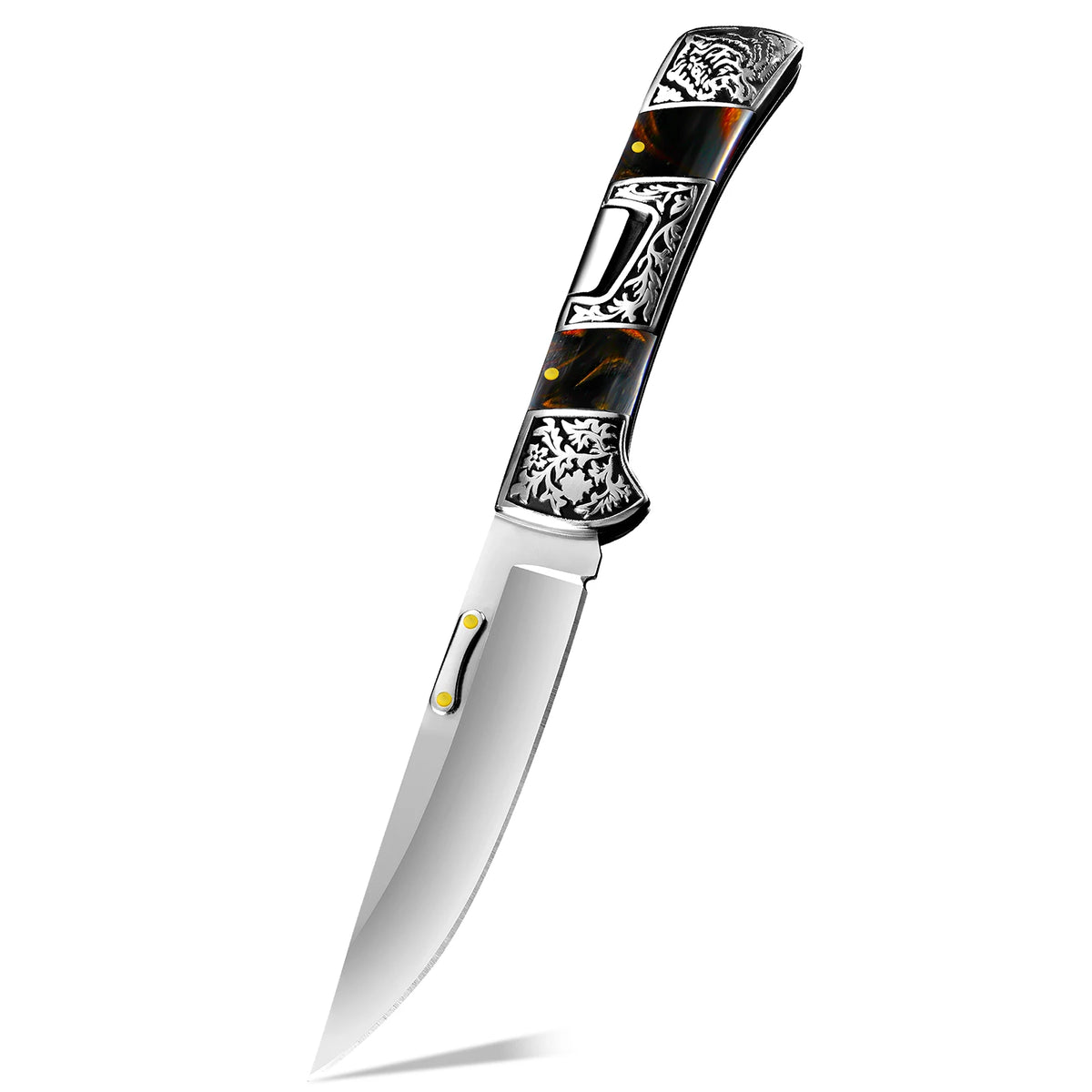 A silver folding utility knife with a black handle featuring intricate engraving and a polished blade.