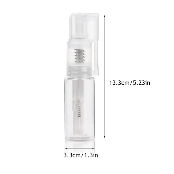 Klares Plastiksprayflasche mit Pumpdispenser für Presspulver, Messvolumen 13,3 cm / 3,3 cm.