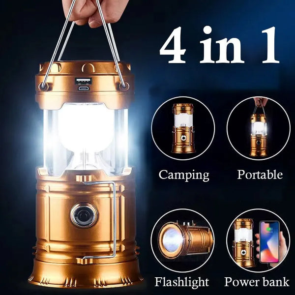 A gold-colored 4 in 1 portable solar LED flashlight and camping lantern with multiple functions shown.