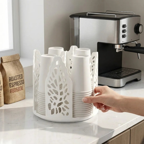 A hand holds a white cup dispenser and storage rack for four cups next to a silver espresso machine.