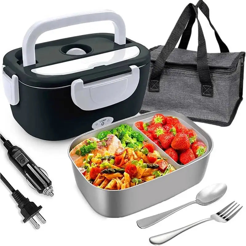A portable electric heated lunch box with a lid, serving tray, and silverware set shown in various views.