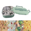 A green stainless steel bento lunch box with a lid, shown next to various food items.