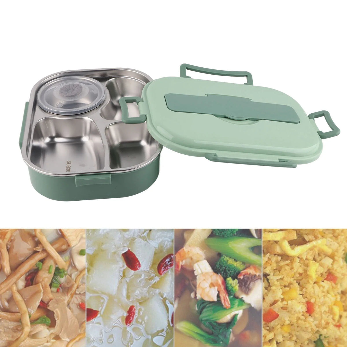 A green stainless steel bento lunch box with a lid, shown next to various food items.