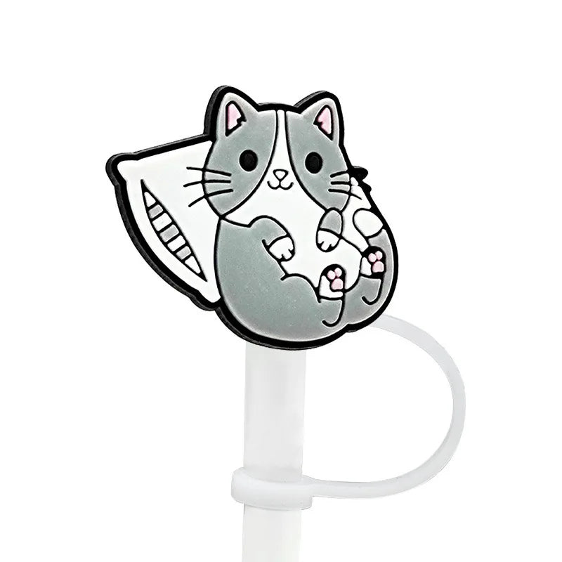 A cute gray cat silicone straw cover shaped like a cat's head
