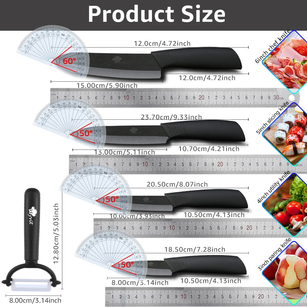 Diagram showing various sizes and angles of a ceramic multi-use kitchen knife set with measurements in centimeters and inches