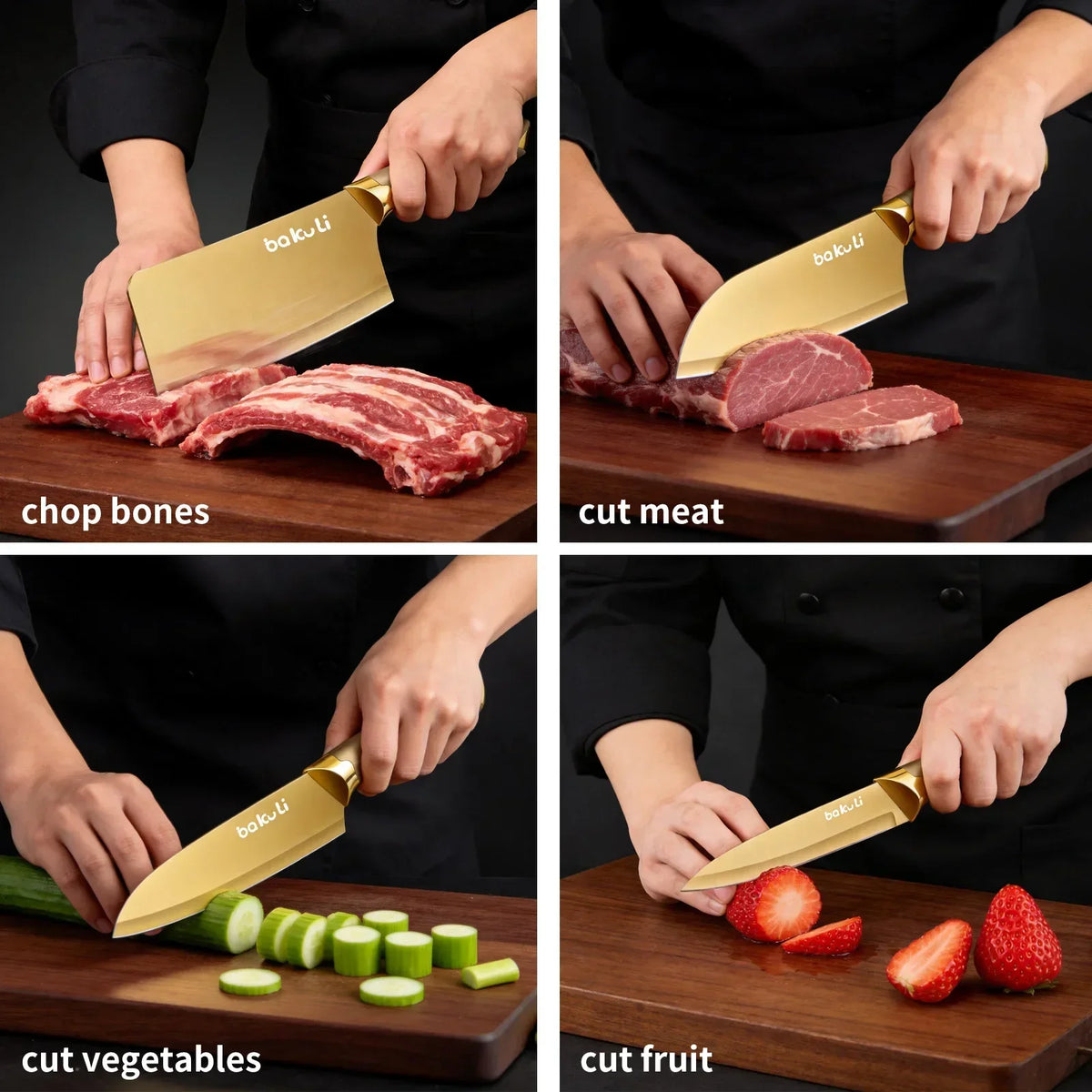 Four images showing a Bakuli knife set being used to chop bones, cut meat, cut vegetables, and cut fruit.