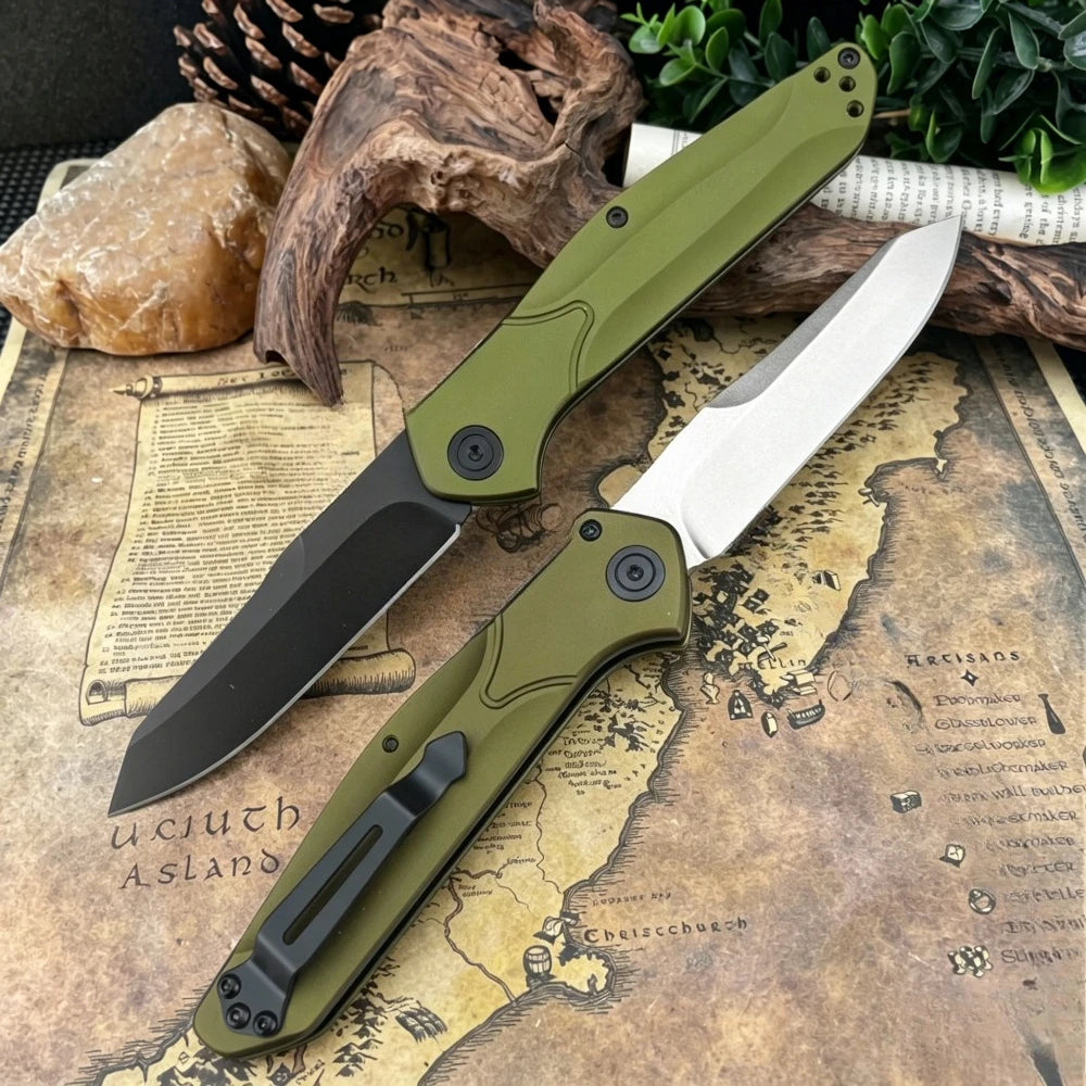 A folding pocket knife with a green handle and silver blade rests on an old map surrounded by natural elements.