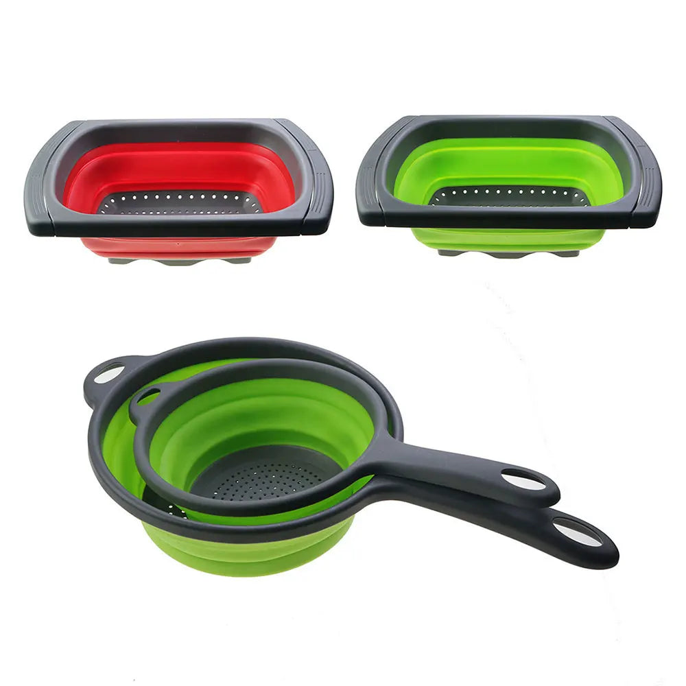 Tres coladores de silicona para lavar frutas y verduras en rojo, verde y negro.