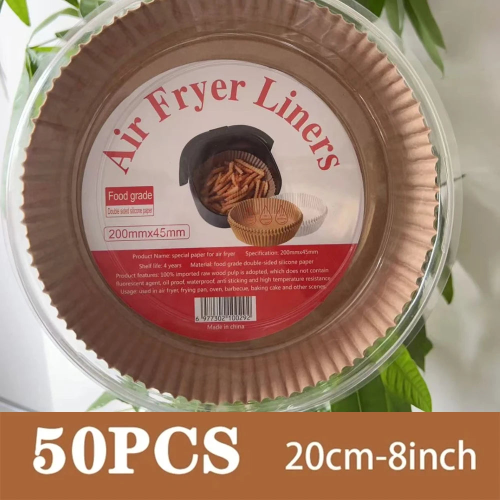 A circular package of 50 disposable silicone paper liners for air fryers, measuring 20cm-8inch.